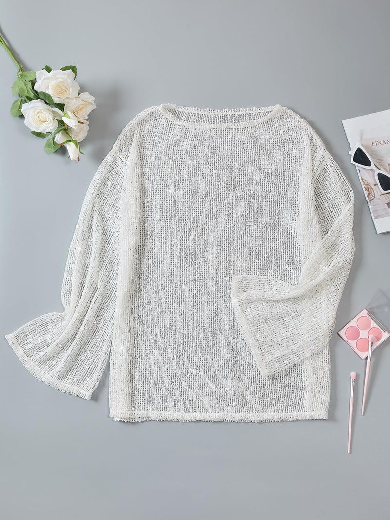 Lilosy Plus Size Sexy Crochet Mesh Sheer Long Sleeve Dress Beach Bathing Suit Swim Coverup One Piece Women Knit See Through Swimsuit Bikini Swimwear Cover up White XX-Large - Image 5