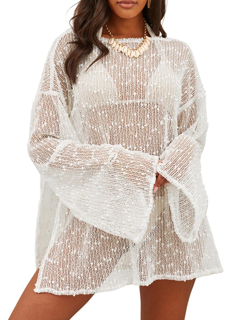 Lilosy Plus Size Sexy Crochet Mesh Sheer Long Sleeve Dress Beach Bathing Suit Swim Coverup One Piece Women Knit See Through Swimsuit Bikini Swimwear Cover up White XX-Large - Image 1