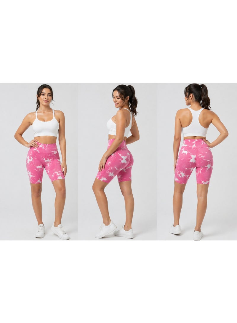 Women’s High-Waisted Marble Biker Shorts – Stretchy Gym & Yoga Leggings, Tummy Control, Above Knee Length, Soft Breathable Activewear