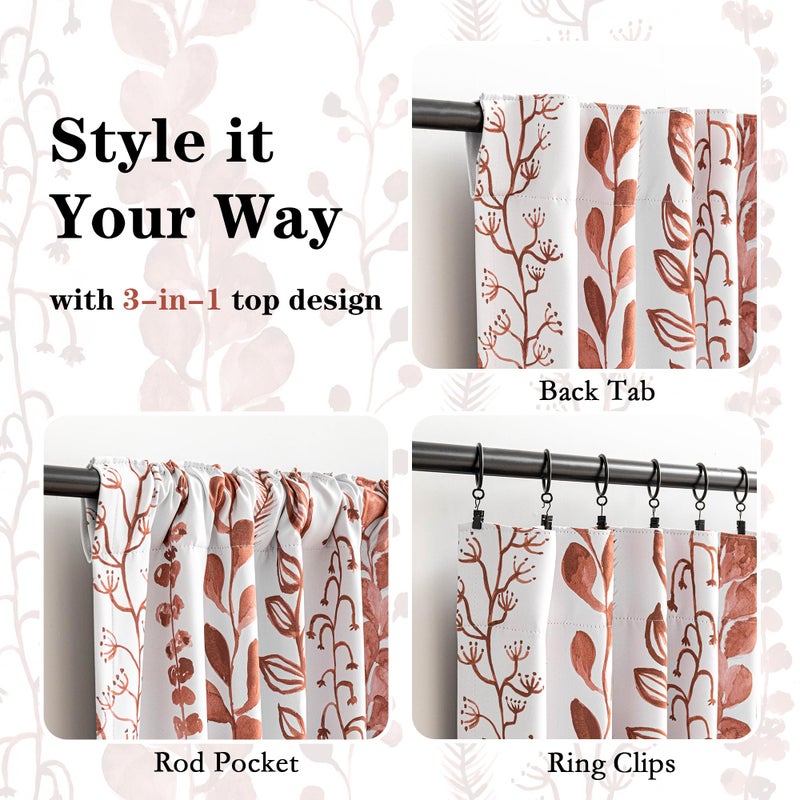 MEETSKY Boho Terracotta Blackout Curtains 84 Inches Long 2 Panels - Burnt Orange Curtains for Living Room Thermal Insulated Rod Pocket Drapes for Bedroom, Leaf Print Window Treatment, 50" Wide - Image 3