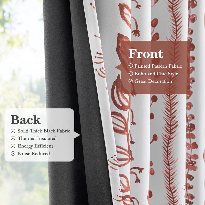 MEETSKY Boho Terracotta Blackout Curtains 84 Inches Long 2 Panels - Burnt Orange Curtains for Living Room Thermal Insulated Rod Pocket Drapes for Bedroom, Leaf Print Window Treatment, 50" Wide - Image 5