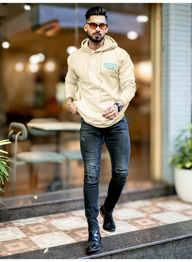 مانياك Mens Printed Hooded Neck Full Sleeve Beige and Blue FleeceFleece Oversized Sweatshirt