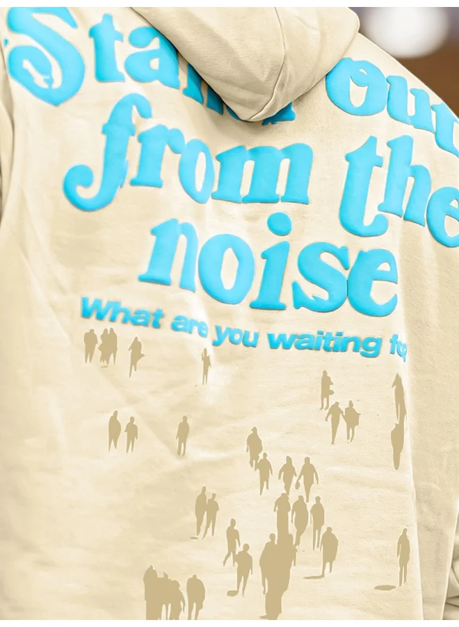 مانياك Mens Printed Hooded Neck Full Sleeve Beige and Blue FleeceFleece Oversized Sweatshirt