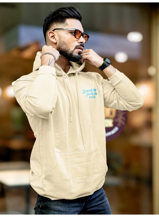 مانياك Mens Printed Hooded Neck Full Sleeve Beige and Blue FleeceFleece Oversized Sweatshirt