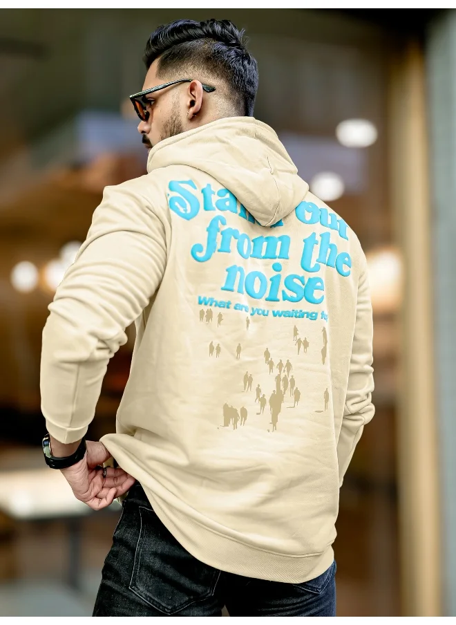 مانياك Mens Printed Hooded Neck Full Sleeve Beige and Blue FleeceFleece Oversized Sweatshirt