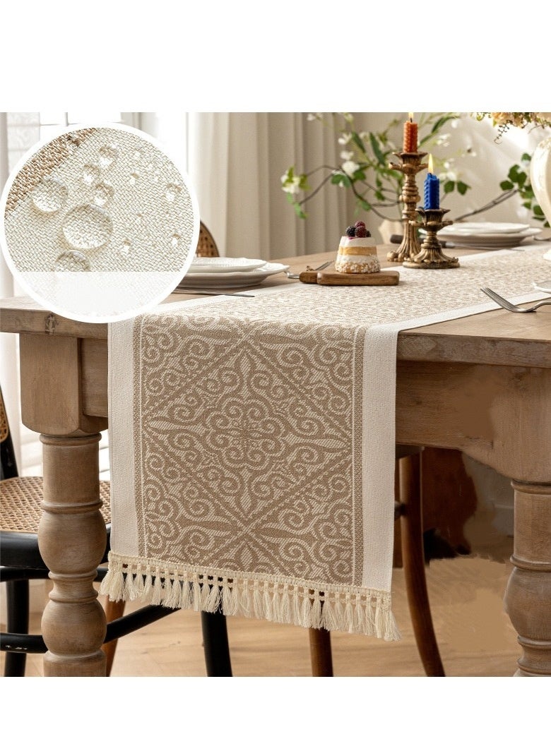 PINKSAMA Waterproof and Stain-Resistant Tassel Table Runner, Cream and Brown Striped Tablecloth, Macrame Bohemian Weave Dining Table Decor for Kitchen, Living Room, and Dining Room, Home Decor Gift Idea - Image 1