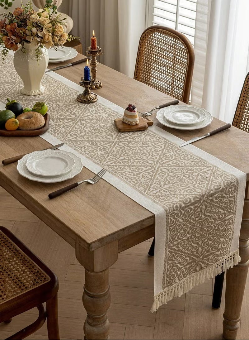 PINKSAMA Waterproof and Stain-Resistant Tassel Table Runner, Cream and Brown Striped Tablecloth, Macrame Bohemian Weave Dining Table Decor for Kitchen, Living Room, and Dining Room, Home Decor Gift Idea - Image 2