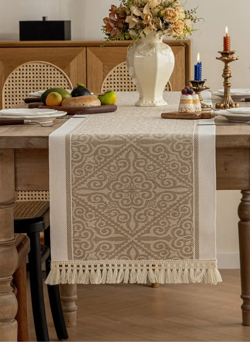 PINKSAMA Waterproof and Stain-Resistant Tassel Table Runner, Cream and Brown Striped Tablecloth, Macrame Bohemian Weave Dining Table Decor for Kitchen, Living Room, and Dining Room, Home Decor Gift Idea - Image 3