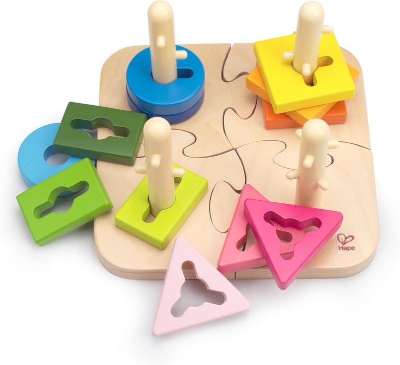 Hape Creative Peg Puzzle by | Wooden Stacker Peg Problem Solving Puzzle for Toddlers, Stacking Toy with Different Grooved Ss, Pegged Posts and Bright Colours - Image 1