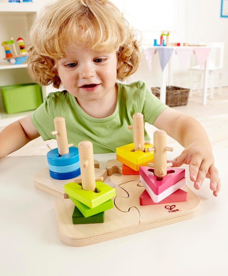 Hape Creative Peg Puzzle by | Wooden Stacker Peg Problem Solving Puzzle for Toddlers, Stacking Toy with Different Grooved Ss, Pegged Posts and Bright Colours - Image 4