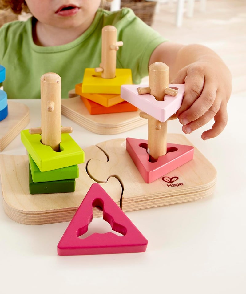 Hape Creative Peg Puzzle by | Wooden Stacker Peg Problem Solving Puzzle for Toddlers, Stacking Toy with Different Grooved Ss, Pegged Posts and Bright Colours - Image 3
