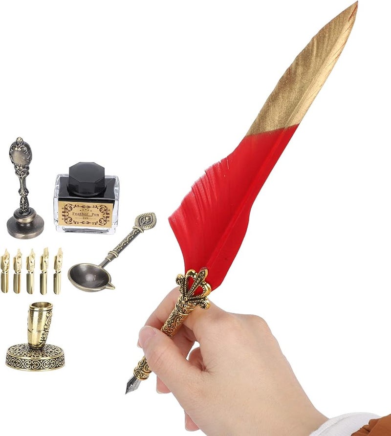 Bahels Feather Pen Set, Vintage Writing Tool Retro Feather Pen, Retro Calligraphy Gift Lightweight for Office Home (Color : Red) - Image 2