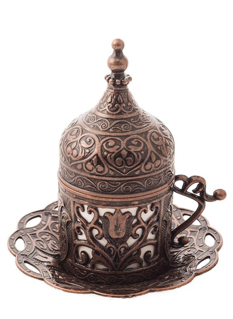 Acar Turkish, Greek, and Arabic Coffee Serving Set for Two – Includes 2 Glass Cups, Rectangular Tray, Cup Holders, Lids, Saucers, Sugar Bowl with Lid of Copper – Antique Red Finish, Crafted in Türkiye  - Image 3