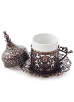 Acar Turkish, Greek, and Arabic Coffee Serving Set for Two – Includes 2 Glass Cups, Rectangular Tray, Cup Holders, Lids, Saucers, Sugar Bowl with Lid of Copper – Antique Red Finish, Crafted in Türkiye  - Image 5