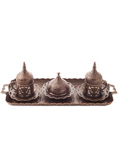 Acar Turkish, Greek, and Arabic Coffee Serving Set for Two – Includes 2 Glass Cups, Rectangular Tray, Cup Holders, Lids, Saucers, Sugar Bowl with Lid of Copper – Antique Red Finish, Crafted in Türkiye  - Image 4