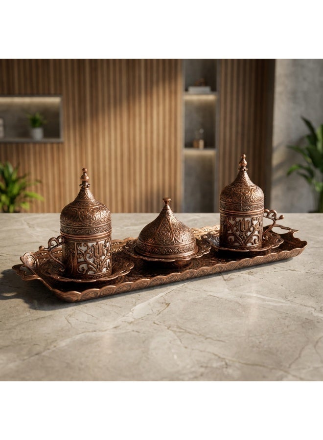 Acar Turkish, Greek, and Arabic Coffee Serving Set for Two – Includes 2 Porcelain Cups, Rectangular Tray, Cup Holders, Lids, Saucers, Sugar Bowl with Lid of Copper – Antique Bronze Finish, Crafted in Türkiye - Image 3