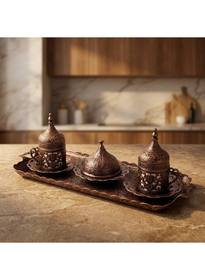Acar Turkish, Greek, and Arabic Coffee Serving Set for Two – Includes 2 Porcelain Cups, Rectangular Tray, Cup Holders, Lids, Saucers, Sugar Bowl with Lid of Copper – Antique Bronze Finish, Crafted in Türkiye - Image 1
