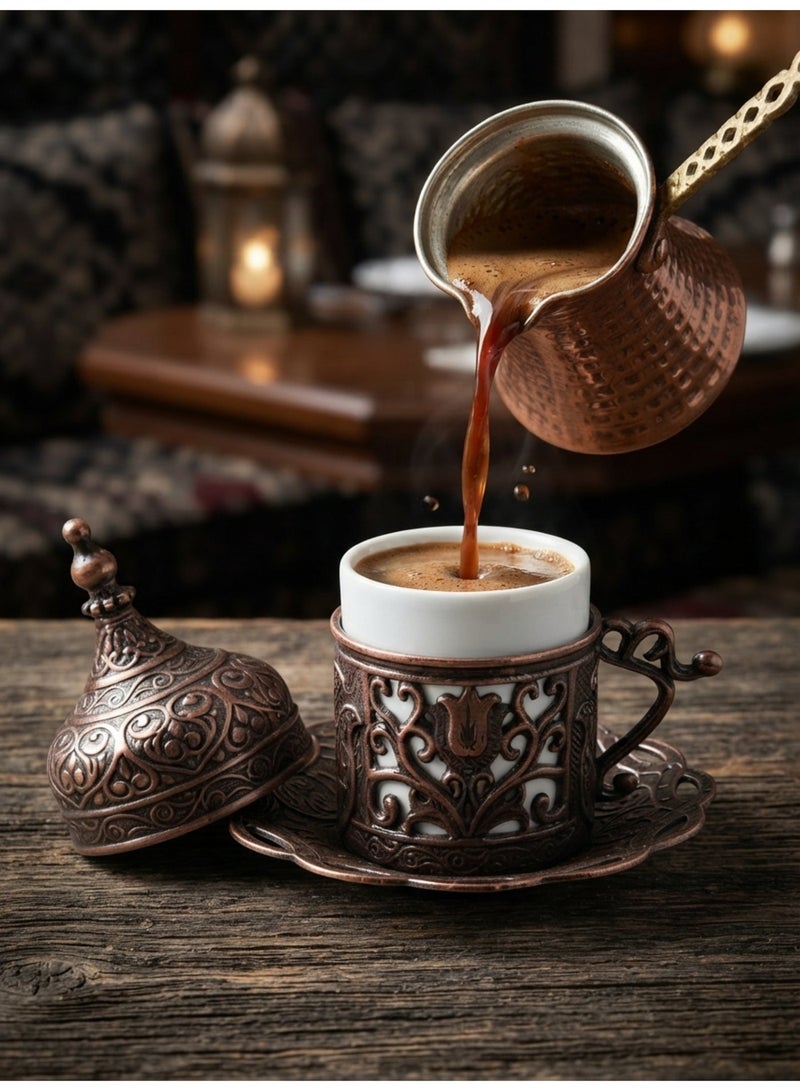 Acar Turkish, Greek, and Arabic Coffee Serving Set for Two – Includes 2 Porcelain Cups, Rectangular Tray, Cup Holders, Lids, Saucers, Sugar Bowl with Lid of Copper – Antique Bronze Finish, Crafted in Türkiye - Image 5