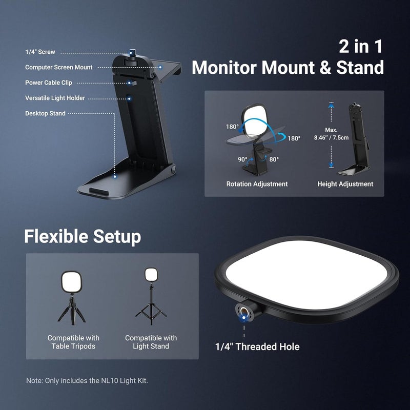 نيوير قطعتان من ضوء البث LED مقاس 5 بوصات بقدرة 10 واط من BASICS، إضاءة مكتب USB ثنائية اللون بإضاءة حافة كاملة الشاشة CRI95 مع حامل متعدد الوظائف للمراقبة واللابتوب والكمبيوتر وكاميرا الويب ومؤتمرات الفيديو والتسجيل عبر Zoom، طراز NL10 - Image 5