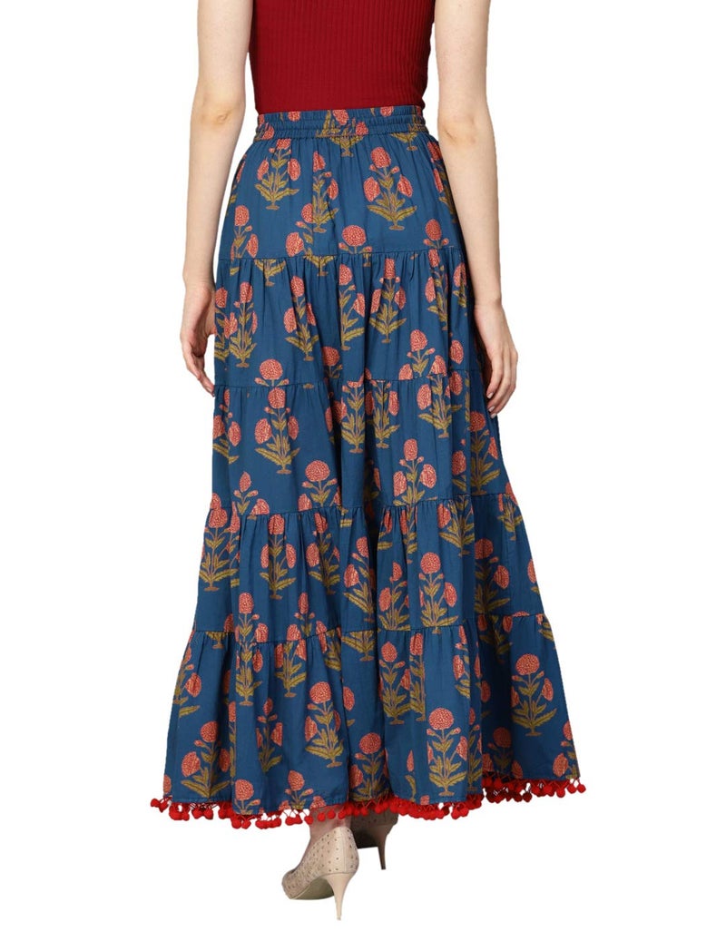 Varanga Blue Floral Printed Tiered Skirt with Drawstring and Tassels at Waist Band with pom-pom lace at Hemline - Image 3