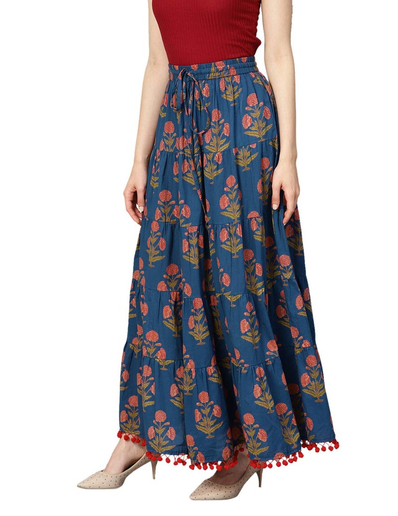 Varanga Blue Floral Printed Tiered Skirt with Drawstring and Tassels at Waist Band with pom-pom lace at Hemline - Image 4