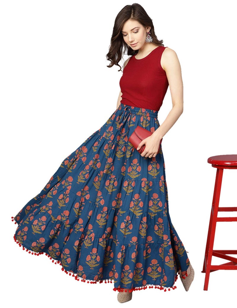 Varanga Blue Floral Printed Tiered Skirt with Drawstring and Tassels at Waist Band with pom-pom lace at Hemline - Image 1