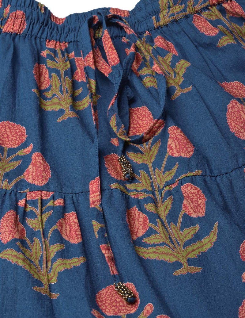 Varanga Blue Floral Printed Tiered Skirt with Drawstring and Tassels at Waist Band with pom-pom lace at Hemline - Image 5