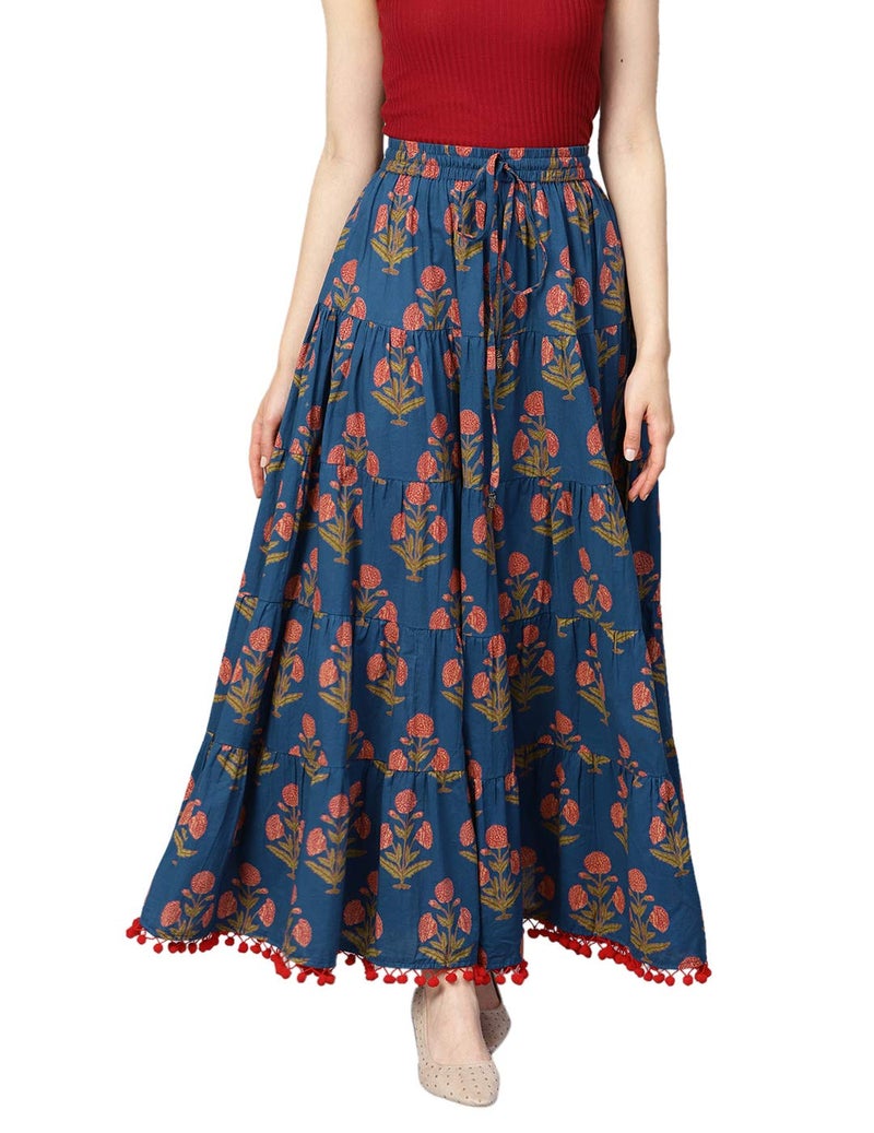 Varanga Blue Floral Printed Tiered Skirt with Drawstring and Tassels at Waist Band with pom-pom lace at Hemline - Image 2