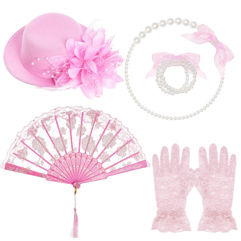 obmwang 5 Pieces Tea Party Supplies Gloves Hats Necklace Fan for Tea Party Costume - Image 2