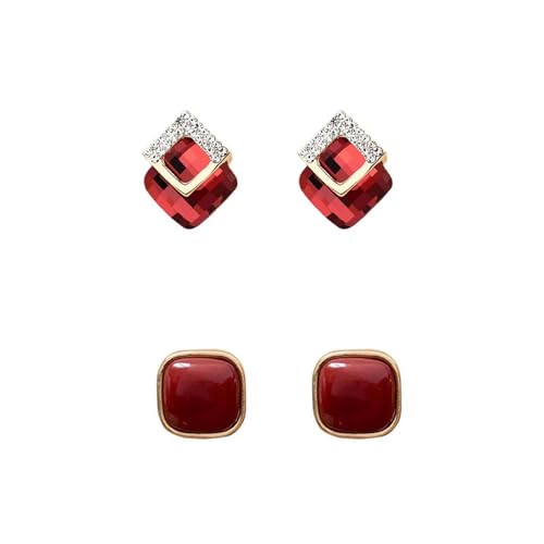 XFSAFDM 2 PCS Red Earrings for Women, Stylish Stud Earrings Set, Alloy Maroon Ear Studs for Girls and Women, Traditional and Modern Design, Gift for Her - Image 1