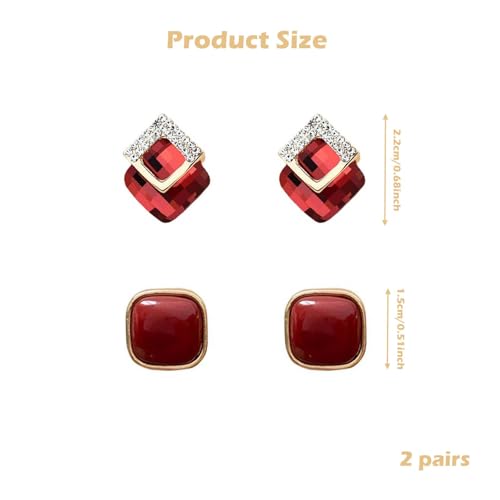 XFSAFDM 2 PCS Red Earrings for Women, Stylish Stud Earrings Set, Alloy Maroon Ear Studs for Girls and Women, Traditional and Modern Design, Gift for Her - Image 2