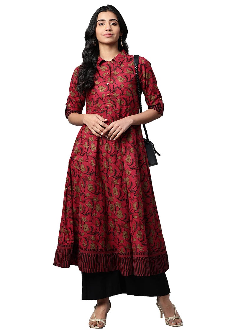 Yash Gallery Women's Cotton Regular Fit Printed Anarkali Kurta For Women (6XL, Maroon) - Image 1