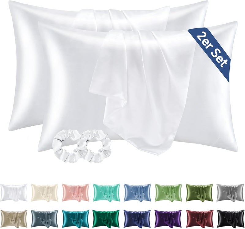 BEDELITE Satin Cushion Cover, Set of 2, 40 x 60 cm, Pure White | Silk Pillowcase Alternative, Soft for Summer, 2 Hair Bobbles Included, for Hair and Skin - Image 1