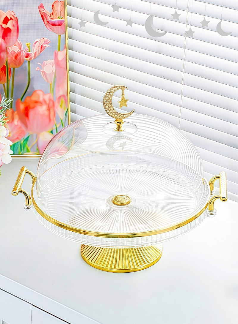 حامل كيك شفاف دائري مطلي بالذهب، مقبضان في الأسفل العلوي، غطاء شفاف، حامل حلويات، صينية فواكه، صينية كيك، رف عرض، صينية طعام في المطبخ، صواني تقديم، طاولة قهوة مستديرة لديكور الصينية، صواني مجوهرات عطرية، صينية حلويات رمضان، للتجمعات العائلية، شاي بعد الظهر، أنشطة المكتب، احتفالات الولائم، مطاعم الفنادق (شفافة 29.5×23 سم) - Image 1