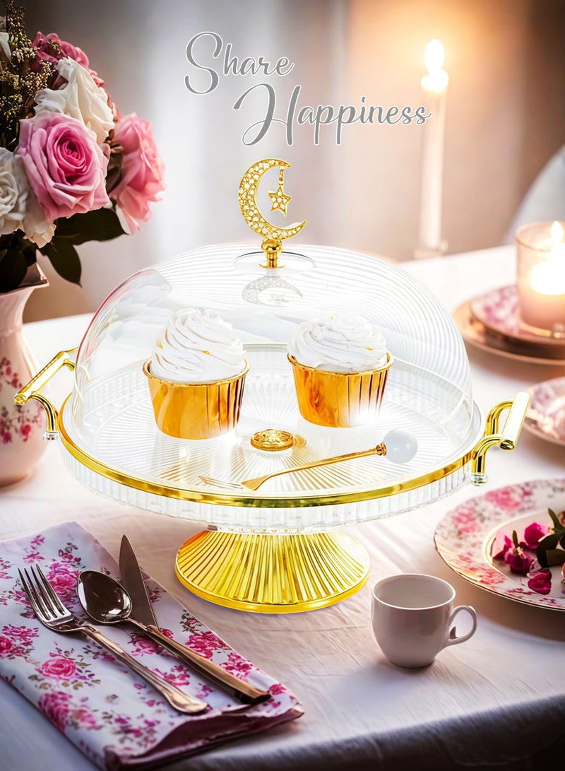 حامل كيك شفاف دائري مطلي بالذهب، مقبضان في الأسفل العلوي، غطاء شفاف، حامل حلويات، صينية فواكه، صينية كيك، رف عرض، صينية طعام في المطبخ، صواني تقديم، طاولة قهوة مستديرة لديكور الصينية، صواني مجوهرات عطرية، صينية حلويات رمضان، للتجمعات العائلية، شاي بعد الظهر، أنشطة المكتب، احتفالات الولائم، مطاعم الفنادق (شفافة 29.5×23 سم) - Image 2