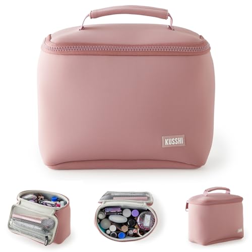 KUSSHI Neoprene Train Case Makeup Bag - Washable Makeup Travel Bag & Vanity Case for Stress Free Travel (Small, Mauve/Stone) - Image 1