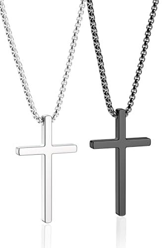 Romass 2 Pcs Cross Necklace for Men Boys,Stainless Steel Pendant Silver Black Crosses Chain Jewelry Gifts Box 16-30 inches（16in,Cross Pendant 1.2"*0.7",Silver/Black） - Image 1