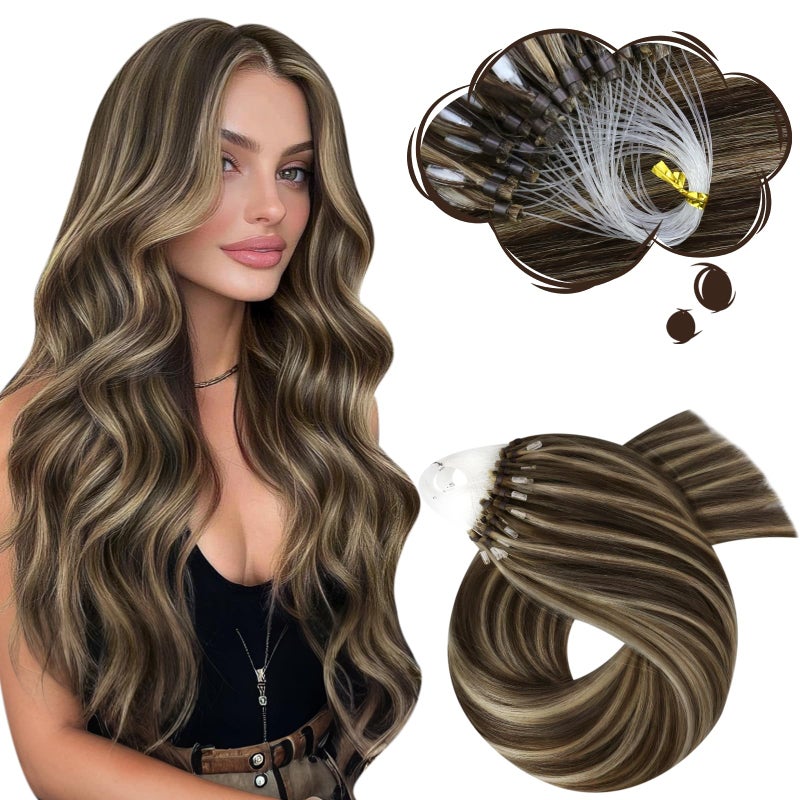 Moresoo Micro Bead Hair Extensions Real Human Hair Dark Brown Highlight Caramel Blonde Micro Link Hair Extensions Human Hair for Daily 50G50S 16 Inch