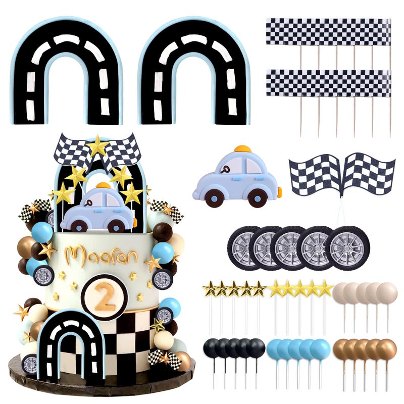 LAST HOE DOWN 64PCS Race Car Cake Topper Cars Cake Topper Car Birthday Party Decoration Race Track Decorations - Image 1