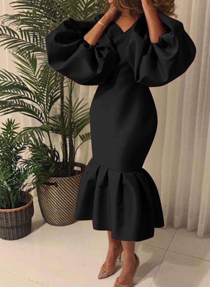 Loquat Solid V-neck Bubble Long Sleeve Fishtail Skirt Black 