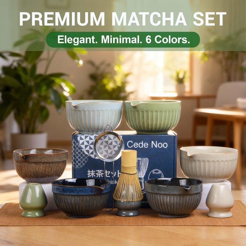 Cede noo 7pcs Matcha Whisk Set with 18oz Spout Bowl, Japanese Tea Ceremony Kit, Natural Bamboo Whisk Scoop, Ceramic Holder Sifter Towel, Best Gift for Beginners and Matcha Lovers - Image 3