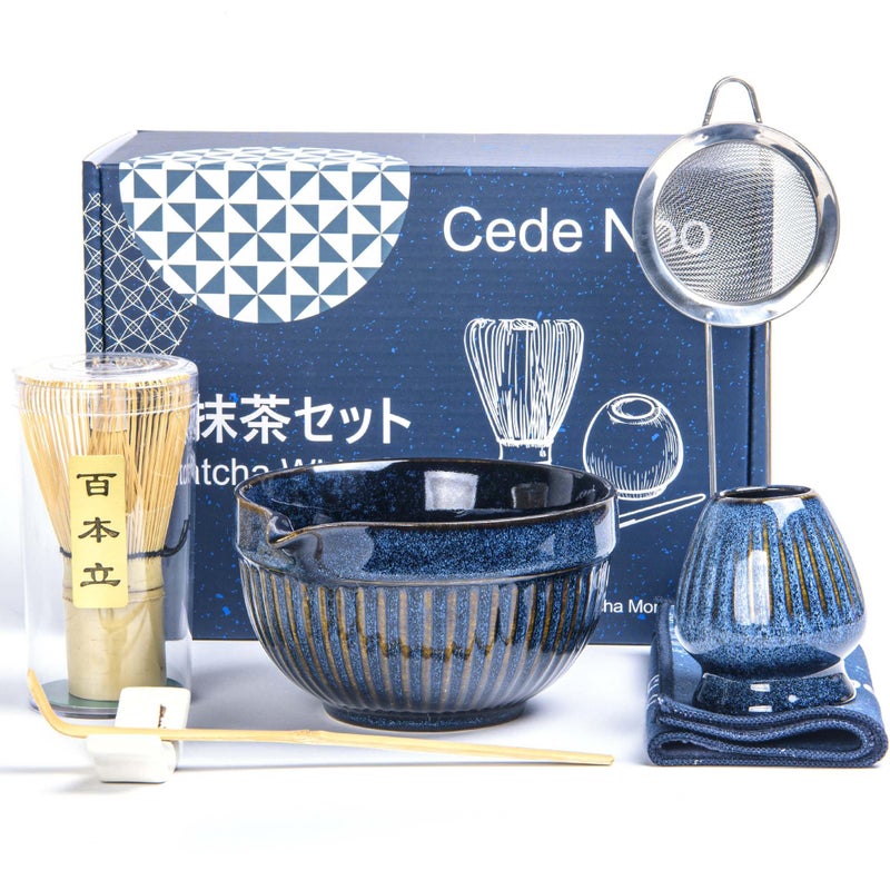 Cede noo 7pcs Matcha Whisk Set with 18oz Spout Bowl, Japanese Tea Ceremony Kit, Natural Bamboo Whisk Scoop, Ceramic Holder Sifter Towel, Best Gift for Beginners and Matcha Lovers - Image 1