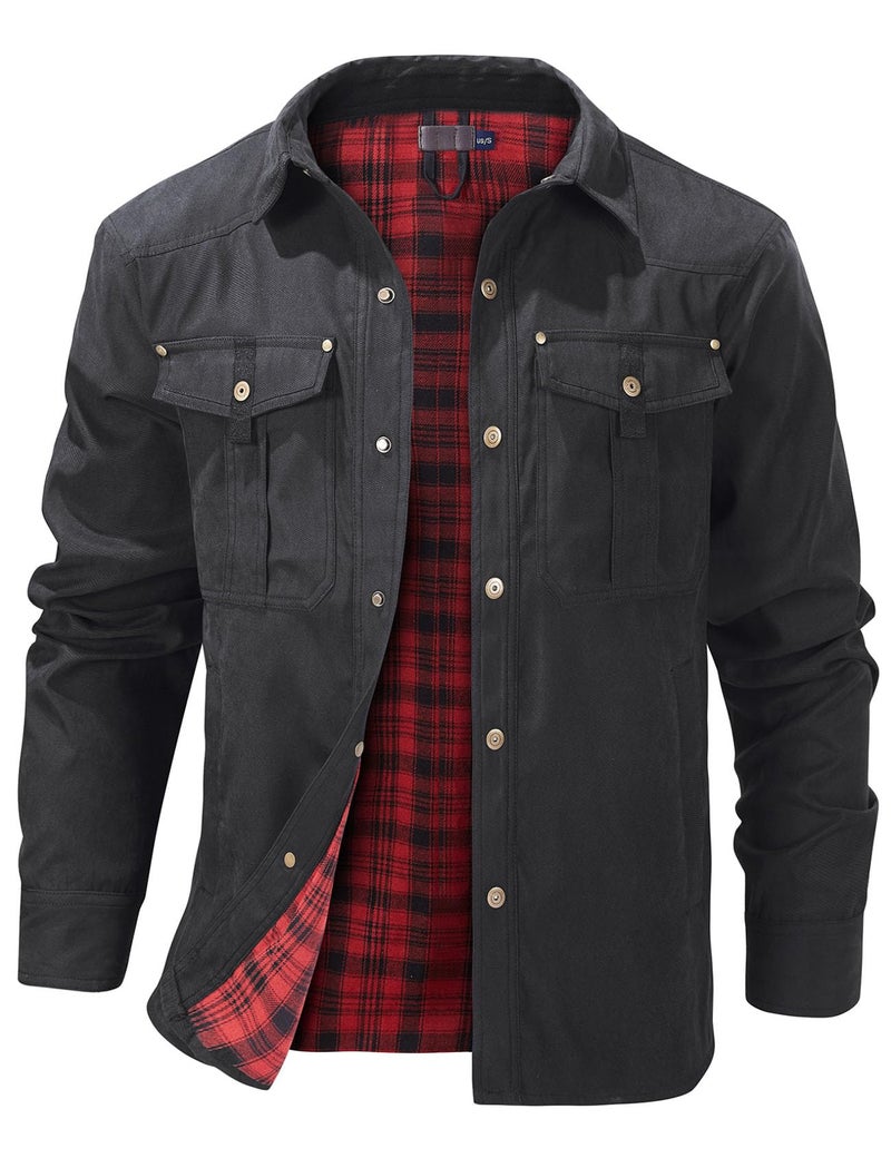جاكيت قميص رجالي مبطن بالفانيلا من فلايجو خفيف الوزن بأزرار ضغط جاكيت غربي متين للرجال جاكيتات قميص رعاة البقر باللون الأسود L
