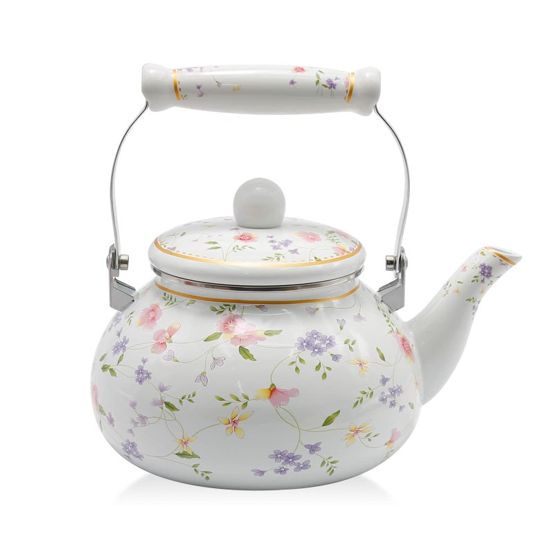 Saihisday Floral Teapot Enamel Afternoon 25L Tea Kettle For Stovetop Large Flowered Tea Kettle with Ceramic Handel for Afternoon Tea Wedding Party Housewarming Gift - Image 2