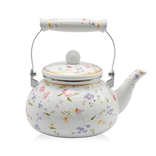 Saihisday Floral Teapot Enamel Afternoon 25L Tea Kettle For Stovetop Large Flowered Tea Kettle with Ceramic Handel for Afternoon Tea Wedding Party Housewarming Gift - Image 1