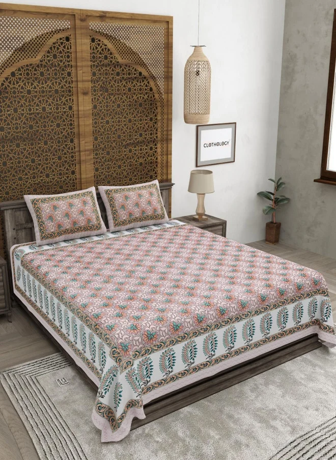 CLOTHOLOGY CLOTHOLOGY Brown & Blue Floral Printed Cotton King Bedsheet Set - 240 TC, 2.75 m x 2.25 m