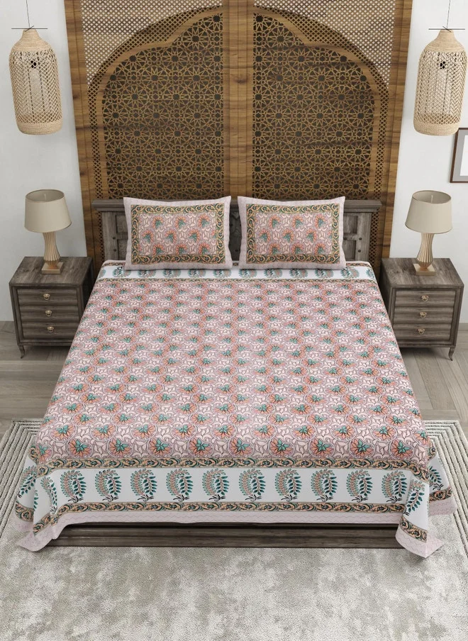 CLOTHOLOGY CLOTHOLOGY Brown & Blue Floral Printed Cotton King Bedsheet Set - 240 TC, 2.75 m x 2.25 m