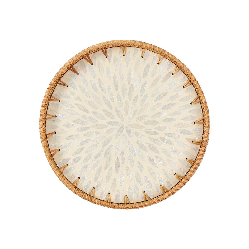 Kmelep Round Rattan Tray with Mother of Pearl Inlay Rattan Serving Tray with Wooden Base Decorative Wicker Basket for Table Decor Storage and Display of Coffee Bread Food Fruit Leaf 2
