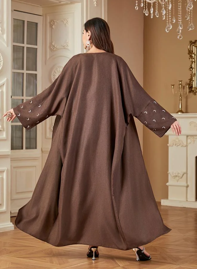 Take Two  Coffee Brown Crescent Embroidered Open Front Abaya for Women | Best Price UAE