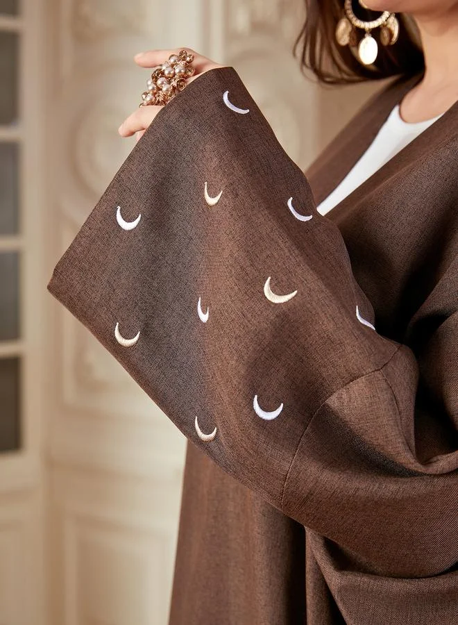 Take Two  Coffee Brown Crescent Embroidered Open Front Abaya for Women | Best Price UAE